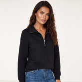 Sweat-shirt matelassé noir uni à demi-fermeture éclair