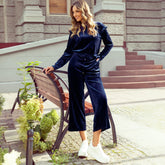 Navy Blue Solid Velvet Ruffle Two Piece Pant Set