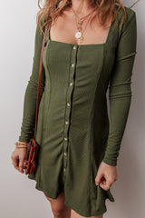Guacamole Green Ribbed Knit Mini Dress, Square Neck, Button Down, Long Sleeves