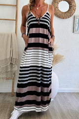 Multicolored long dress with mixed stripes, spaghetti straps, V -neck