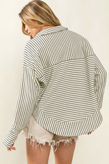 White Striped V-Neck Drop Shoulder Top with Thumbhole
