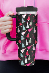 Black thermos cup print of cartoon Christmas tree 40oz
