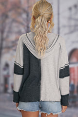 Grey Color Block Ribbed Henley Hoodie with Stitching