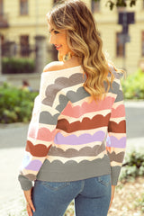 Gray sweater with wavy stripes, balloon sleeves, drooping shoulders