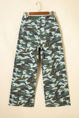 Pantalon en denim vert à imprimé camouflage, jambe large et cordon de serrage