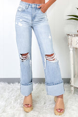 Beau Blue Lightly Washed Distressed Flared Jeans