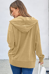 Simply Taupe Solid Ribbed Knit Button Down Drop Shoulder Oversized Hoodie