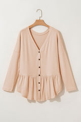 Ruffle shirt and beige buttoned v -neck *
