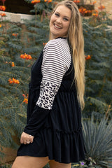 Striped black dress with ruffles and large leopard patch patch sleeves