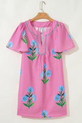 Mini-robe ample à manches courtes et col fendu, motif floral rose