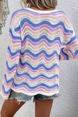 Drozel -knitted shoulder sweater wavy poop with purple stripes