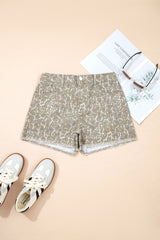 Short en jean beige à bords francs et imprimé léopard