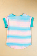 Short-sleeved and half-zip top with pink contrast stripes
