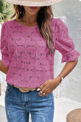 Top de manga en forma de suave en Jacquard con ojales y flores de color rosa brillante
