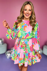 Mini-robe botanique multicolore verte à manches bulles