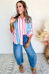 Chemise décontractée boutonnée à manches 3/4 à rayures roses-A WOMAN WE LOVE