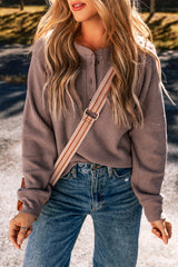 Brown Textured Knit Long Sleeve Henley Top