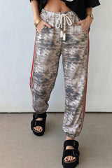 Pantalon patchwork à panneau latéral rayé imprimé camouflage