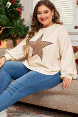 Plus Size Beige Star Studded Crew Neck T-Shirt