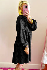 Mini-Robe Black buttoned shirt with puffy sleeves and metallic reflections