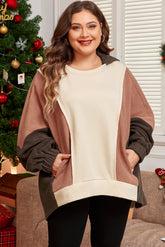 Brown Color Block Stitched Hoodie Plus Size