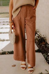 Pantalon camel à poches et ourlets festonnés