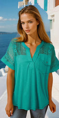 Chemisier à manches courtes texturées en dentelle verte *