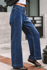 Jean ample à revers et détails cousus à la taille bleu voile