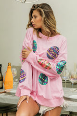 Oversize pink sequined sequined and drooping shoulder sweatshirts