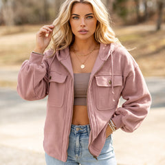 Chaqueta rosa con cremallera con cordón con capucha y acorden con bolsillo de aleta