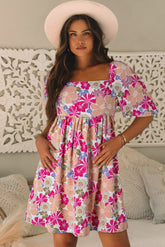 Floral Summer Babydoll Dress, Square Neck, Puff Sleeves, Pink