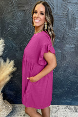 Mini-robe texturée à volants et manches courtes rose rouge