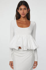 White high with collar in U, long sleeves and bubble hem *