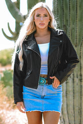 Black PU Leather Lapel Collar Zip Up Jacket