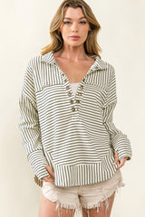 White Striped V-Neck Drop Shoulder Top with Thumbhole