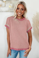 Light pink t-shirt with round neck and contrasting textured border