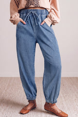 Jean sarouel bleu à taille élastiquée et cordon, longueur cheville
