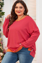 Plus Size Orange Striped Drop Shoulder Long Sleeve Button Down Decorative Top