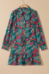 Robe chemise à volants et col en V à fleurs vertes et manches bouffantes