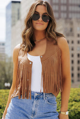 Camel fringed vest with fringes and press button on the front