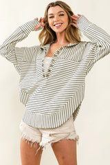 White Striped V-Neck Drop Shoulder Top with Thumbhole