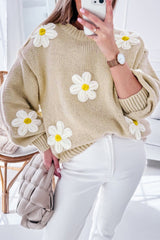 Pull en grosse maille au crochet floral parchemin