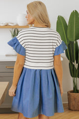 Black mini-ride with stripes and flies in Denim Patchwork in Round Col