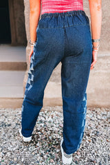 Pantalon en denim ample à carreaux bleu voile avec panneau latéral et cordon de serrage