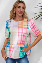 High multicolored peplum daring tiles and puffy sleeve colored blocks
