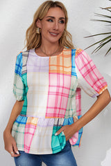 High multicolored peplum daring tiles and puffy sleeve colored blocks