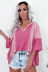 Hot Pink Textured Oversized Top with 3/4 Sleeves and Color Block