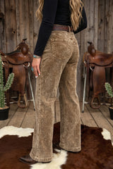 Pantalon droit beige foncé en velours côtelé à bouton métallique