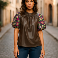 Chemisier à col rond et volants en similicuir *