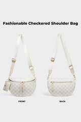 Sac d’épaule blanc à damier en toile, forme croissant et pochette amovible